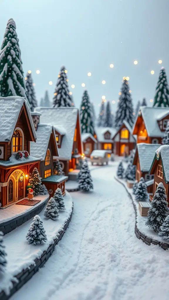 21+ Creative Christmas Decoration Ideas for a Festive Home 17 A cozy snowy village scene with miniature houses, evergreen trees, and warm glowing lights.