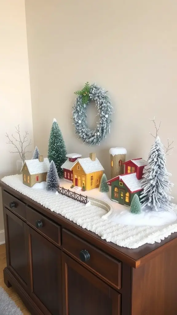 15 Creative Dollar Tree Christmas Decor Ideas for a Festive Home 15 A snowy village scene with colorful houses and trees on a table, decorated for Christmas.