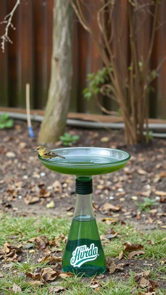 A DIY bird bath made from a soda bottle with a bird perched on the edge.