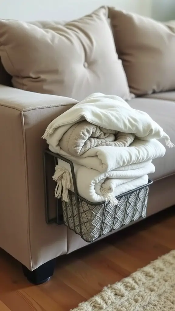 A sofa side caddy holding neatly folded blankets, attached to a cozy sofa.