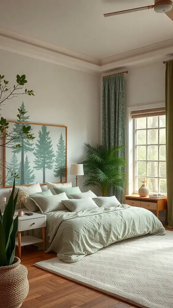 A serene bedroom with soft green tones, natural light, and plant decor, evoking a forest-like atmosphere.
