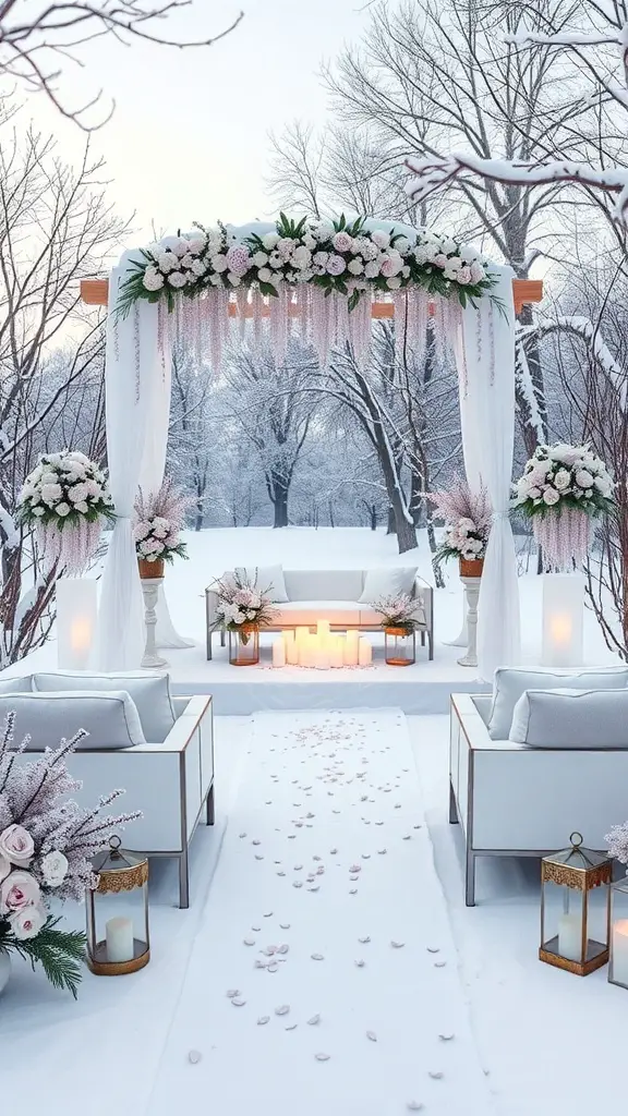 A winter wedding setup featuring a floral arch with lavender flowers, white seating, and a snowy background.