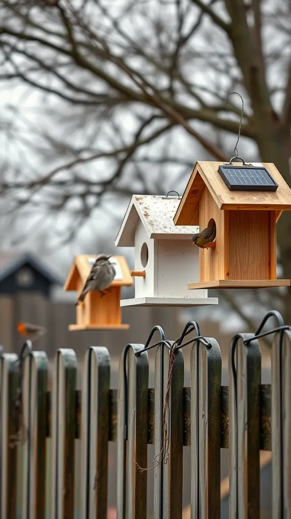 Two solar-infused birdhouses hanging on a fence, one wooden and one white, with birds perched nearby.