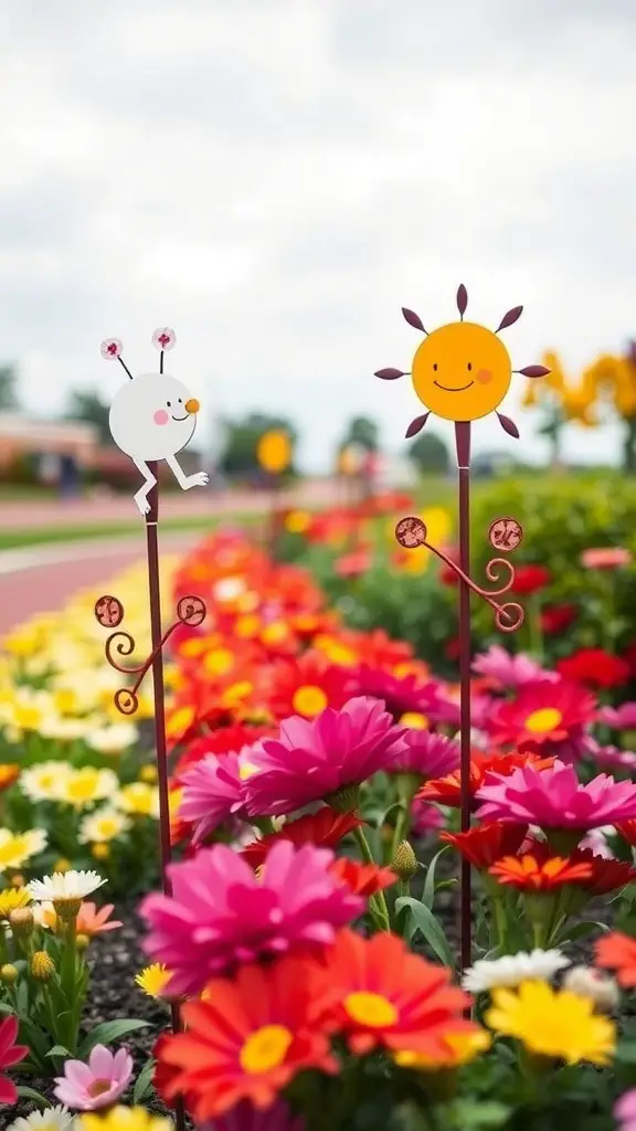 Colorful solar-powered decorative stakes featuring a smiling sun and a cute bug in a flower garden