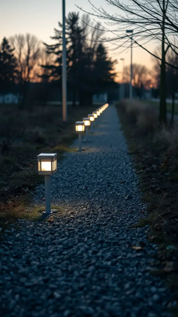 A pathway lined with solar-powered lights at dusk.