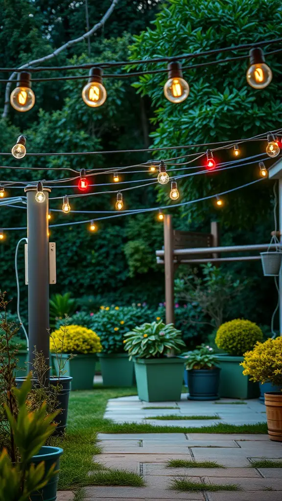 23+ Creative Patio String Light Ideas to Transform Your Outdoor Space 9 A patio with solar-powered string lights hanging above, surrounded by green plants and a well-maintained lawn.