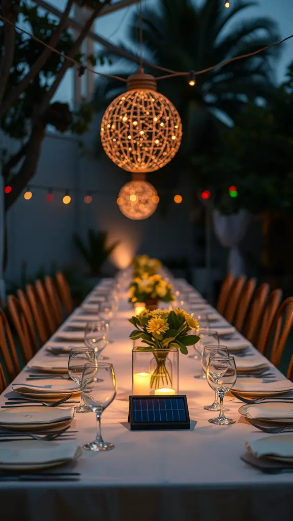 A beautifully set table with solar-powered lights, flowers, and elegant glassware.