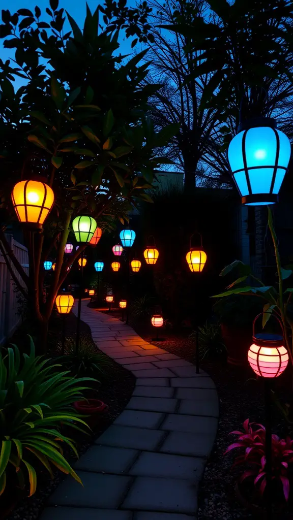 Colorful solar lanterns lining a garden pathway at dusk