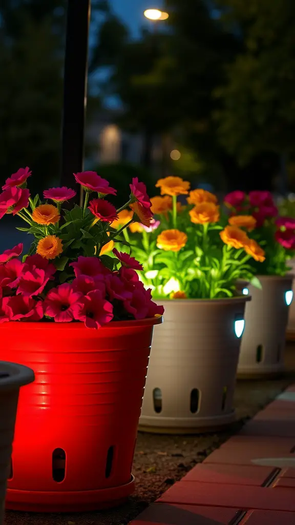 Colorful flower pots with solar lights glowing at night