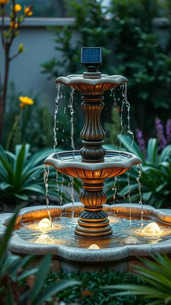 A three-tier garden fountain with solar lights, surrounded by greenery.