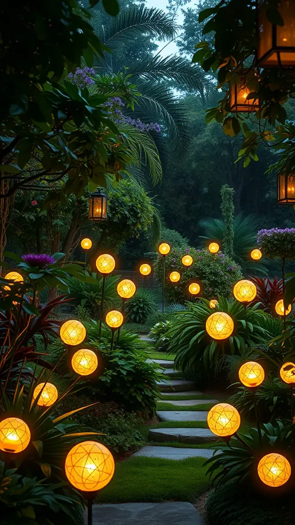 A garden pathway illuminated by solar lighted orbs surrounded by lush greenery.
