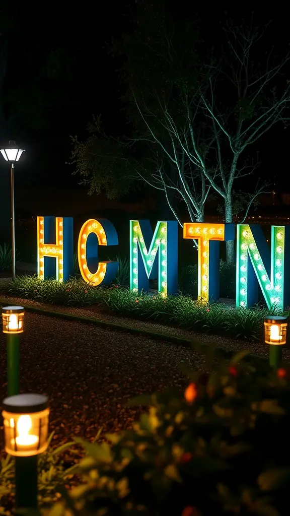 Illuminated letters spelling 'HC MTN' surrounded by solar lights in a garden setting at night.