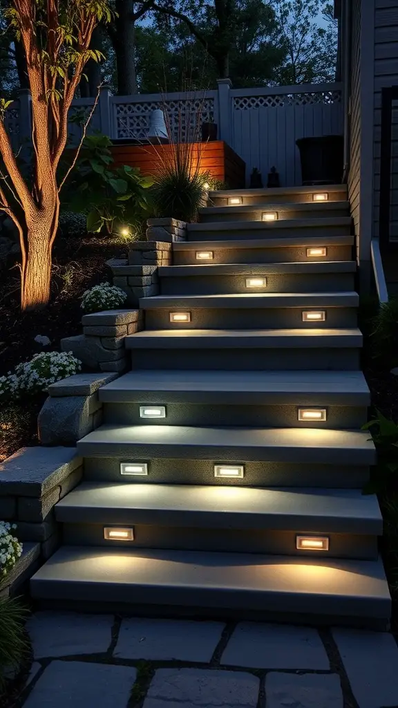 A set of stairs illuminated with solar lighted step lights at night.