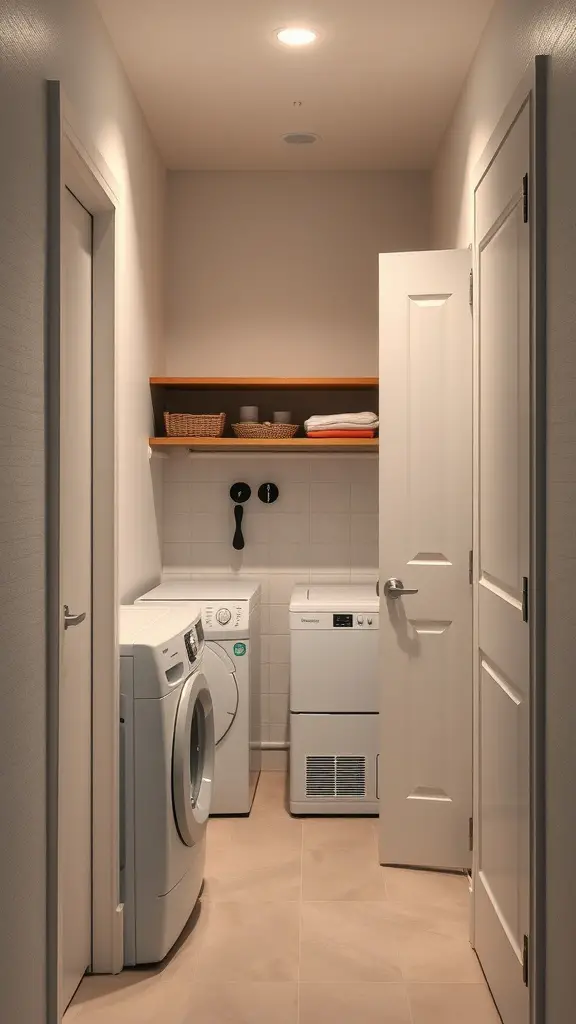 15+ Clever Hallway Laundry Closet Ideas for Small Spaces 6 A hallway laundry closet featuring a washer and dryer, with shelves above for storage.