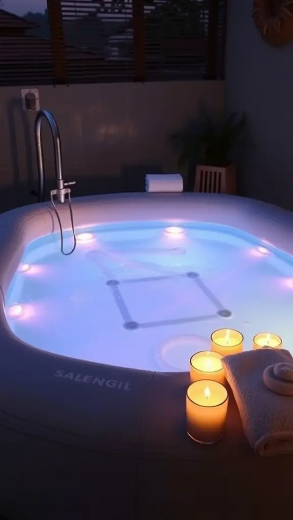An inflatable pool with soft lighting, candles, and towels, creating a relaxing spa-like atmosphere.