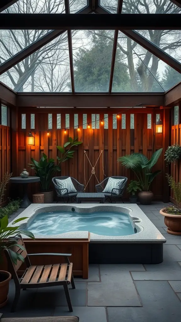 Enclosed patio featuring a hot tub, comfortable chairs, and plants.