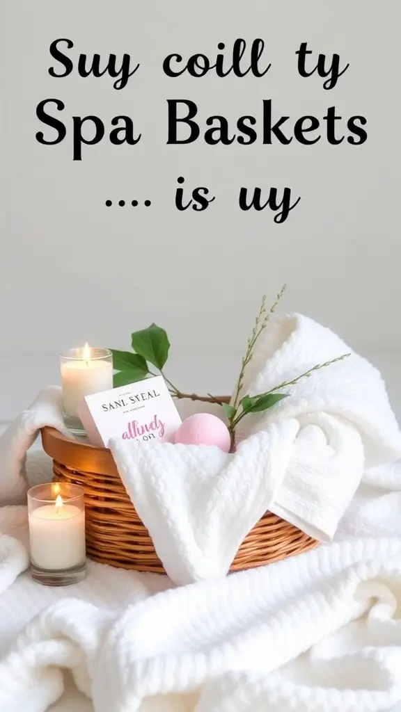 15 Creative Dollar Tree Gift Basket Ideas for Any Occasion 7 A beautifully arranged spa basket with towels, candles, a bath bomb, and a card.