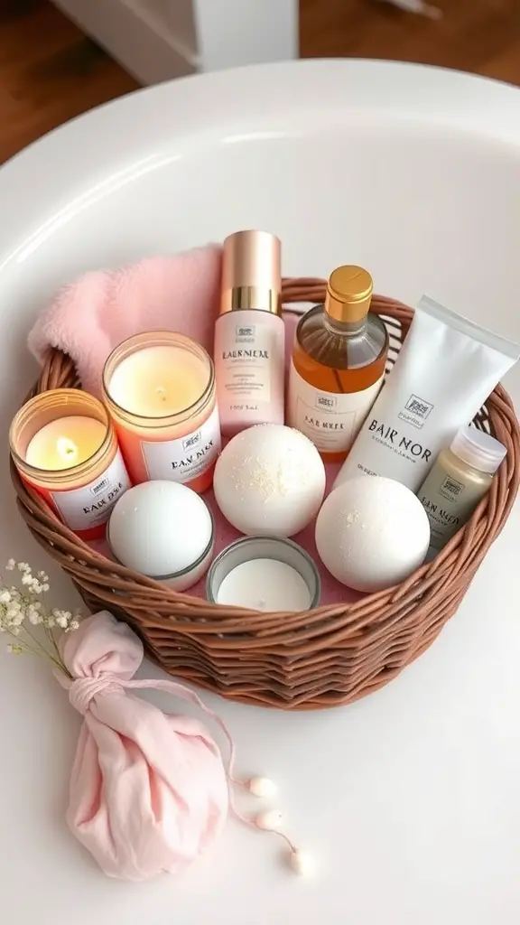 19 Creative Raffle Basket Ideas You’ll Love 5 A wicker basket filled with spa essentials including candles, bath bombs, skincare products, and a soft towel.