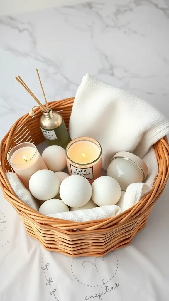 21 Creative Auction Basket Ideas You’ll Love 7 A wicker basket filled with spa essentials including candles, bath bombs, and towels.