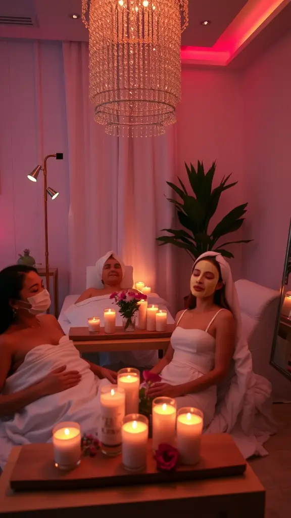 33 Fun and Creative House Party Ideas to Dazzle Your Guests 14 A cozy spa night scene with friends enjoying face masks and candles.