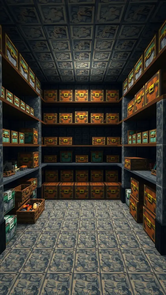19 Creative Minecraft Storage Room Ideas You Need to Try 14 A well-organized Minecraft storage room with shelves and chests, showcasing space-efficient storage using hoppers.