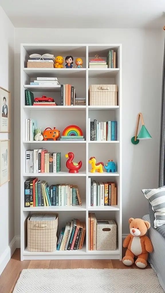 A stylish bookcase filled with colorful books and toys, showcasing space-saving design.