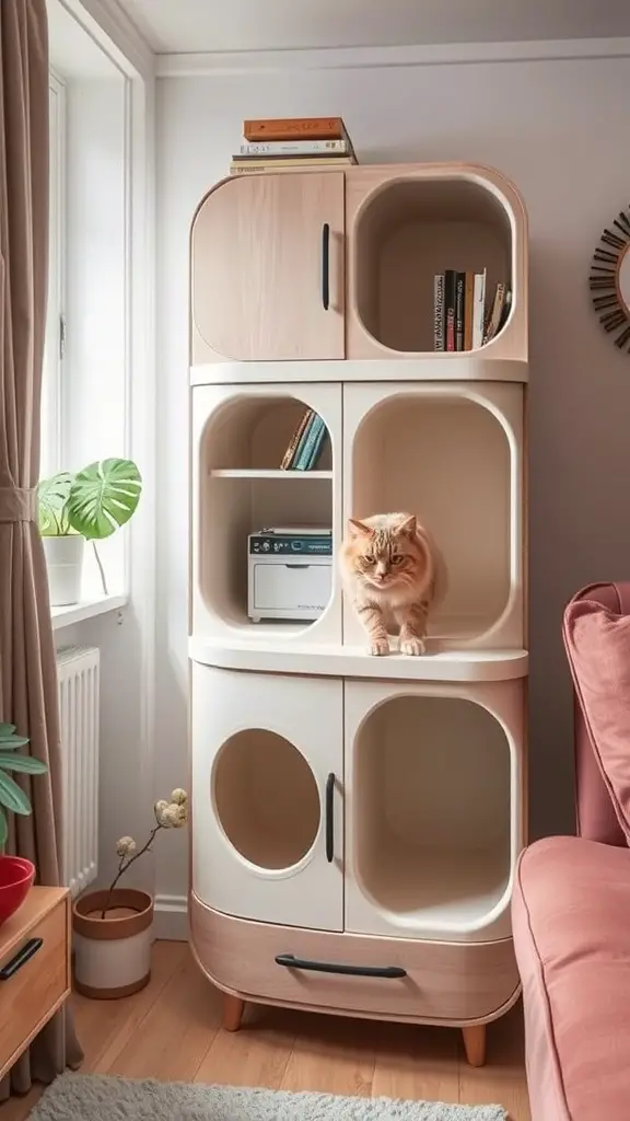 17 Purrfect Cat Apartment Ideas for Happy Felines 12 A modern cat furniture piece that serves as a bookshelf with rounded openings for cats to explore.