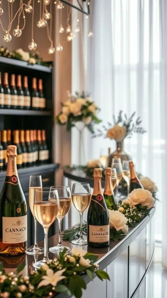A beautifully arranged sparkling champagne bar with bottles and glasses, decorated with flowers.