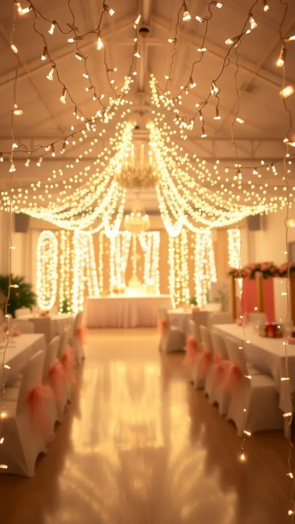27+ Creative Birthday Decoration Ideas for an Unforgettable Celebration 10 A beautifully decorated room with sparkling fairy lights hanging from the ceiling, creating a festive atmosphere for a birthday celebration.
