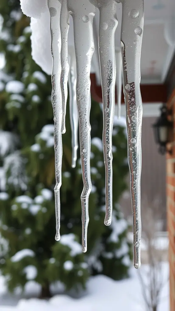 21+ Creative Christmas Decoration Ideas for a Festive Home 15 Close-up of sparkling icicles hanging from a roof, with a snowy background.