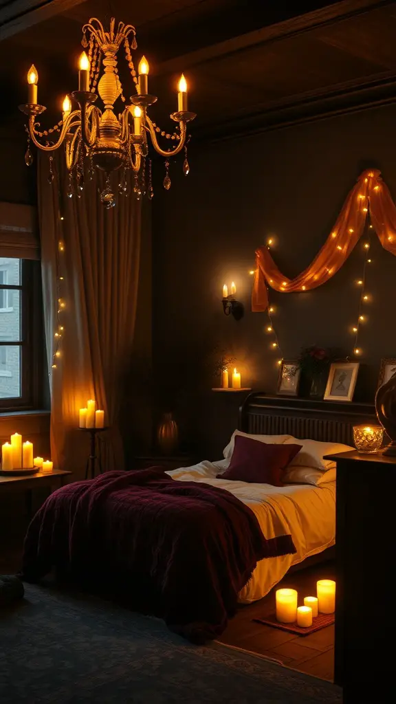 A cozy witchy bedroom with warm lighting from a chandelier, candles, and string lights.