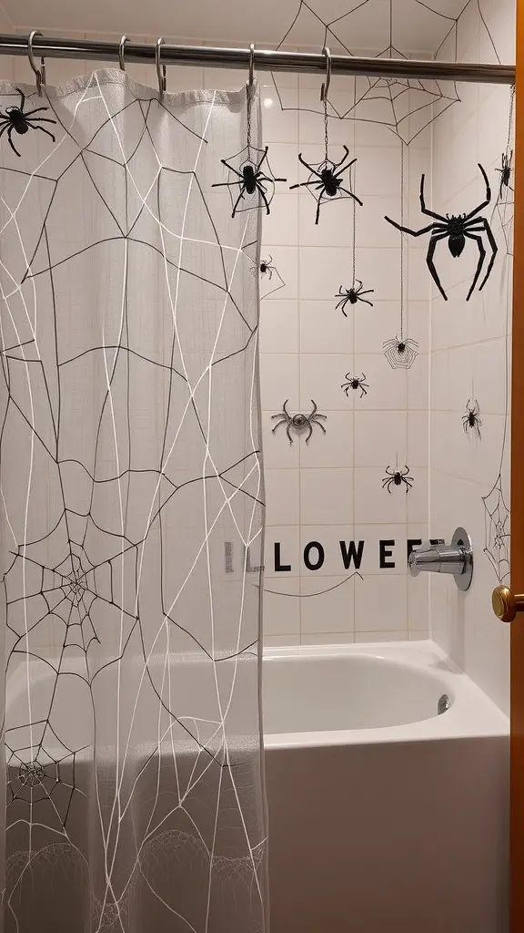 29 Spook-tacular Halloween Bathroom Decor Ideas 10 A bathroom with a spider web shower curtain and spider decorations, showcasing Halloween decor.