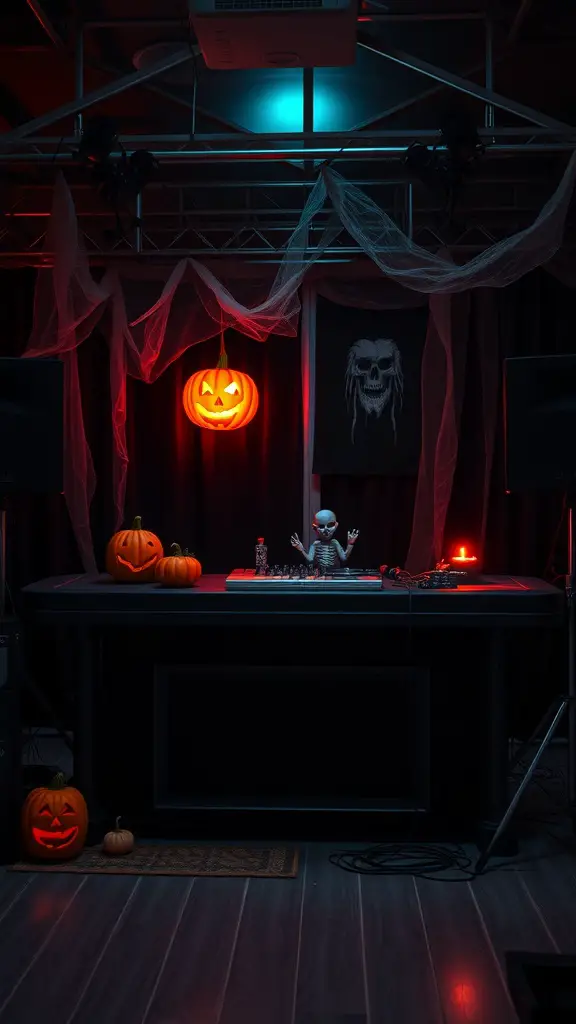21 Spooktacular Halloween Party Ideas for a Frightfully Fun Celebration 8 A Halloween-themed party setup with pumpkins, spooky decorations, and a DJ table.