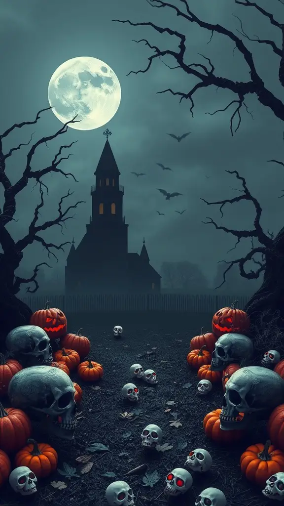 A spooky Halloween scene with a full moon, bats, a haunted church, pumpkins, and skulls.