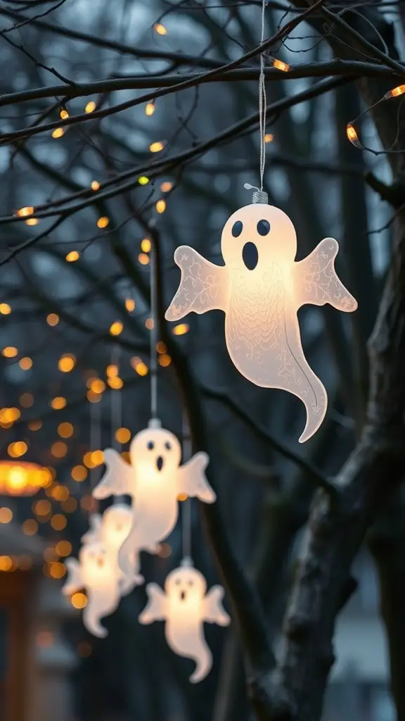 Animated ghost decorations hanging from tree branches with glowing lights