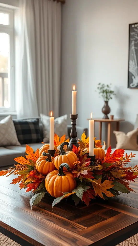 A cozy living room centerpiece featuring pumpkins, autumn leaves, and candles.