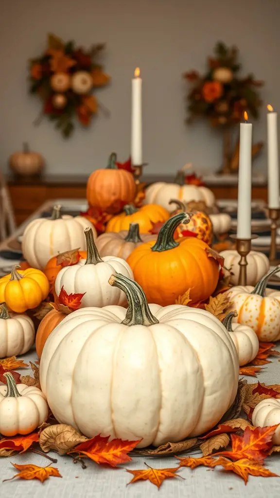 19 Spooktacular Items for the Perfect Halloween Tablescape 8 A Halloween tablescape featuring various pumpkins, autumn leaves, and candles.