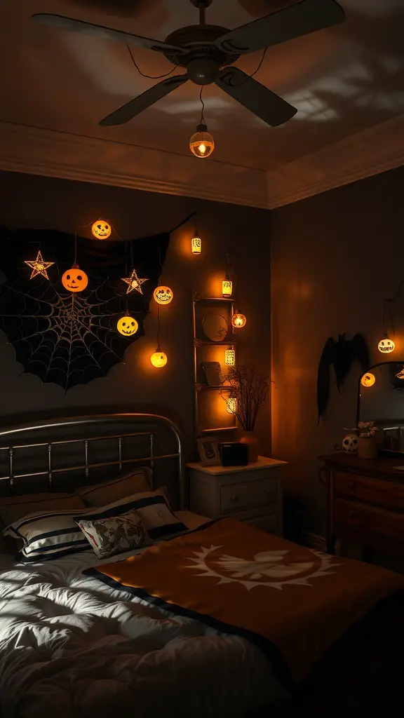 A Halloween-themed bedroom with spooky fairy lights, a spider web, and a cozy bed.
