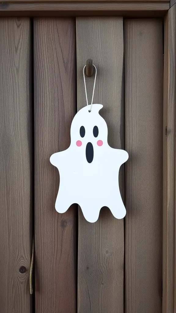 A white ghost-shaped door hanger with a surprised expression, hanging on a wooden door.