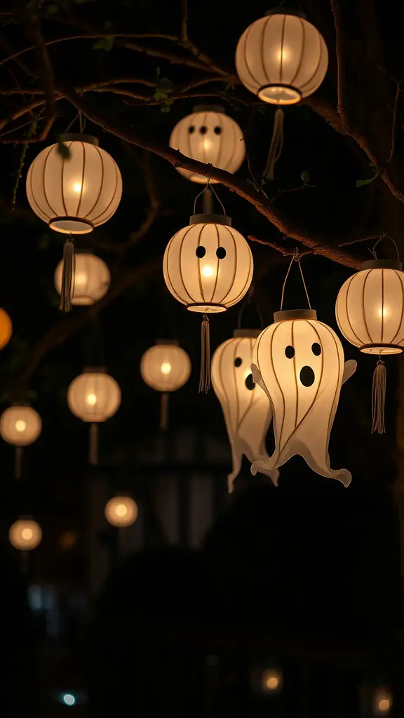 Hanging spooky ghost lanterns glowing in the night