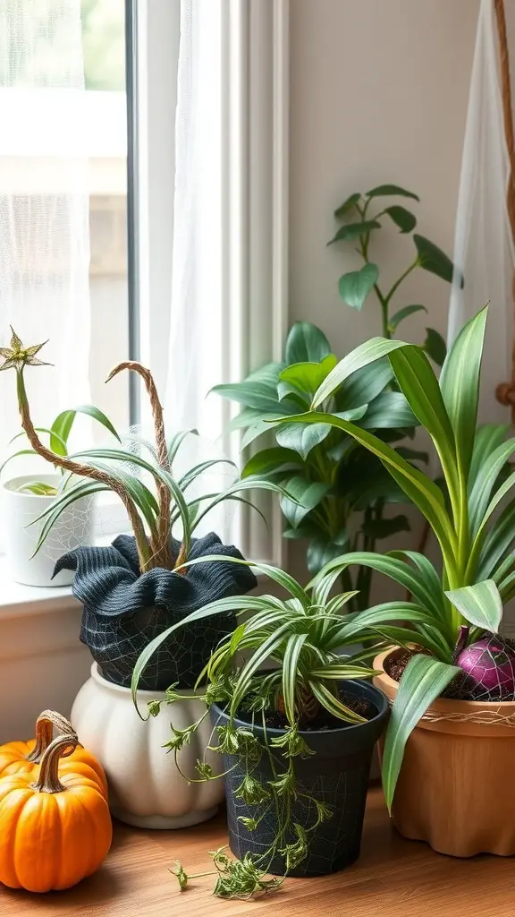 A cozy living room corner with various indoor plants and pumpkins, perfect for Halloween decor.
