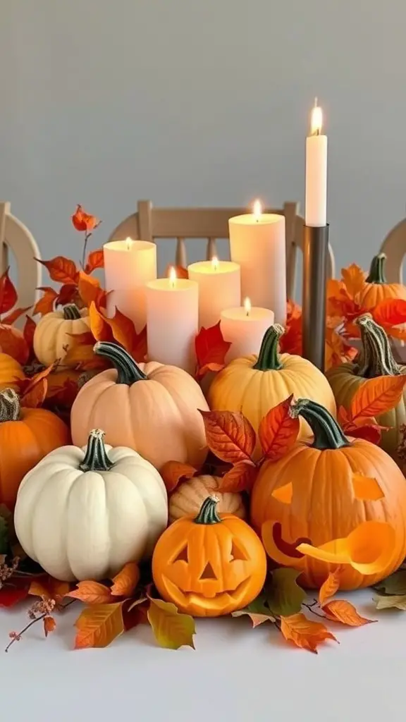 A spooky pumpkin arrangement featuring various pumpkins, autumn leaves, and candles.