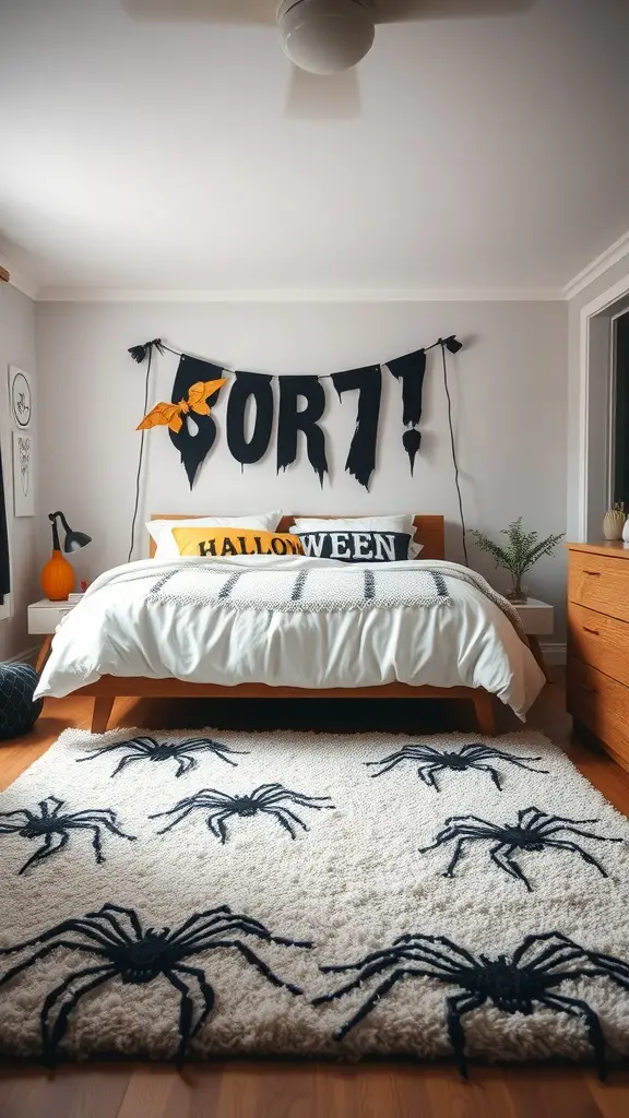 A cozy bedroom featuring a fluffy rug with spider designs, Halloween decorations, and a warm atmosphere.