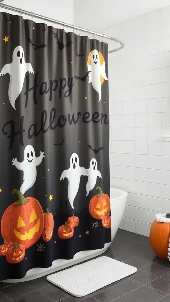 29 Spook-tacular Halloween Bathroom Decor Ideas 1 A Halloween-themed shower curtain with ghosts and pumpkins, featuring the text 'Happy Halloween'.