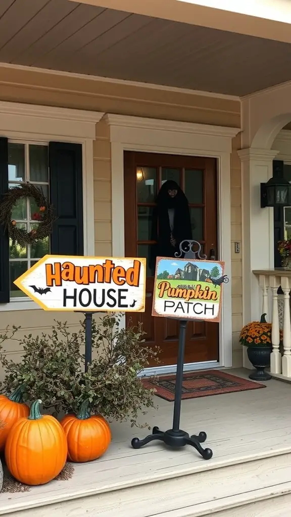 Halloween porch decorations featuring signs for a Haunted House and Pumpkin Patch with pumpkins in front.