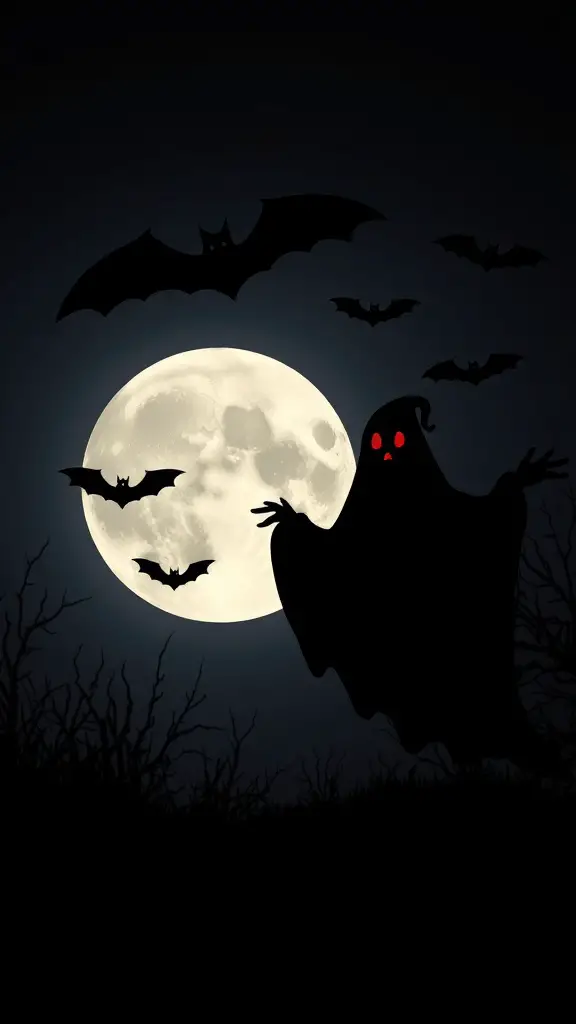 A spooky ghost silhouette with red eyes and bats flying against a full moon in a dark sky.