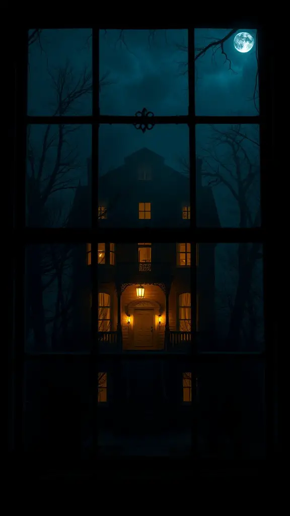A spooky house with glowing windows under a full moon, surrounded by bare trees.