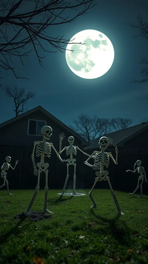 A yard display featuring multiple skeletons dancing under a full moon.