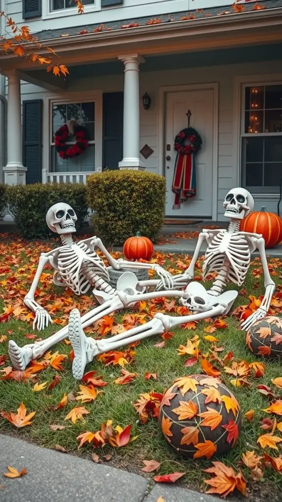 Two skeletons sitting on the grass surrounded by autumn leaves and pumpkins