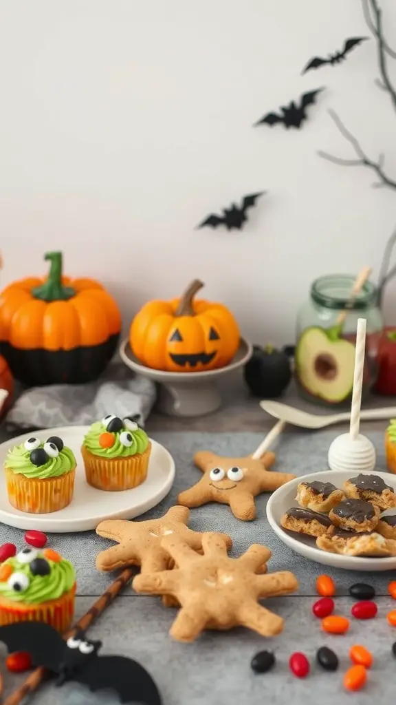 A Halloween-themed snack table with cupcakes, cookies, pumpkins, and candy.